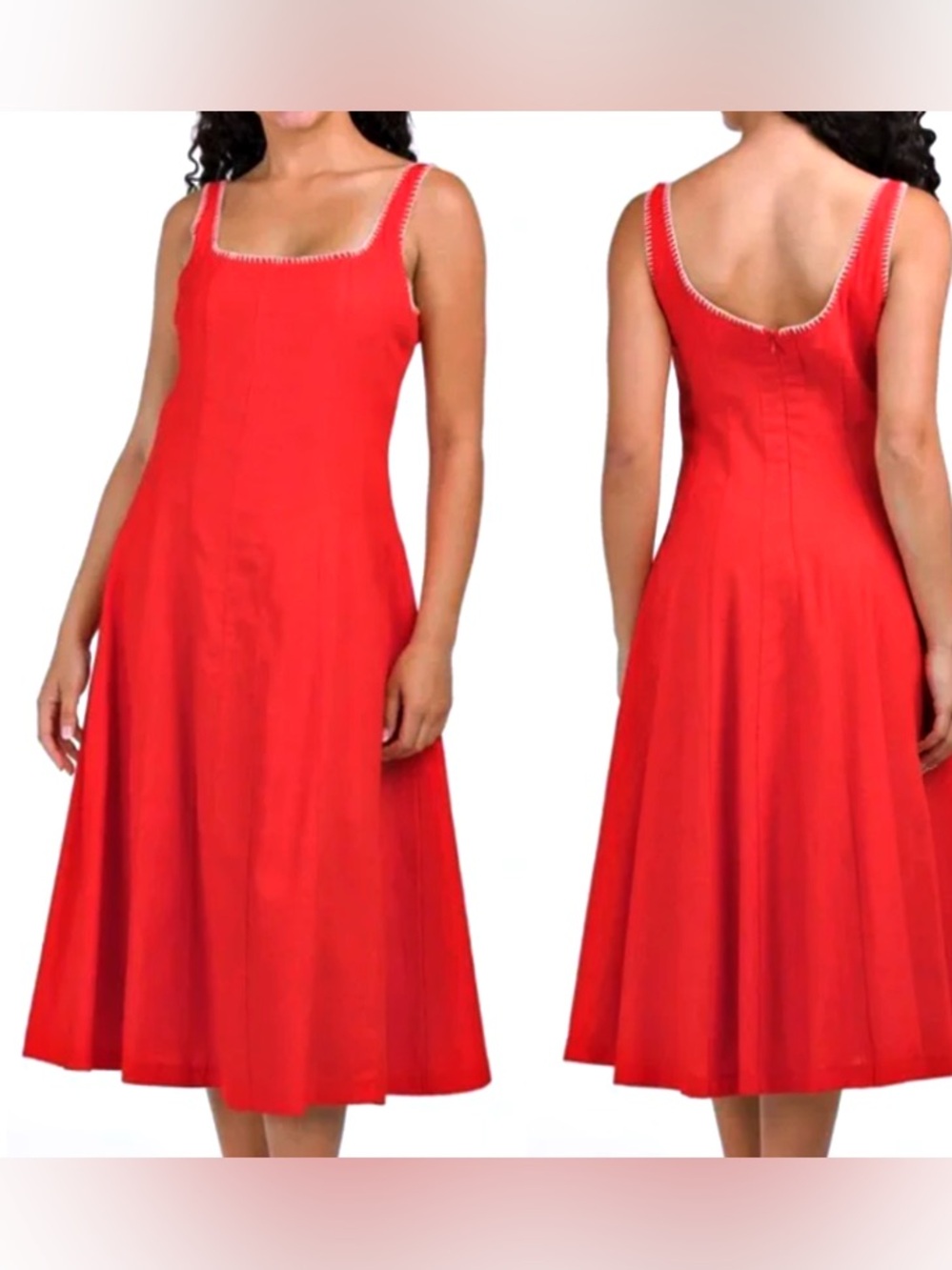 Caroline Constas Whipstitch Trim A-Line Linen Blend Midi Dress